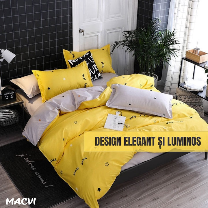 Lenjerie de pat Macvi®, bumbac gros finet, 2 persoane, 4 piese, galben, potrivita pentru saltele 180x220 - 200x230