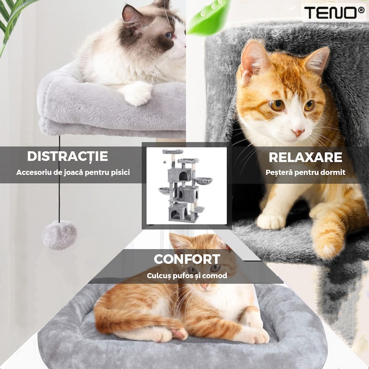 Ansamblu de Joaca pentru Pisici Teno®, cu 3 platforme de observatie, 5 niveluri, 3 casute, franghie si minge de joaca, stalpi pentru zgariat, captuseala extra moale, structura stabila, 164 cm, gri deschis