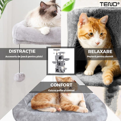 Ansamblu de Joaca pentru Pisici Teno®, cu 3 platforme de observatie, 5 niveluri, 3 casute, franghie si minge de joaca, stalpi pentru zgariat, captuseala extra moale, structura stabila, 164 cm, gri deschis