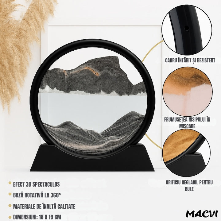 Obiect decorativ Macvi® cu efect 3D din nisip, masa rotativa 360°, baza din plastic, sticla si nisip, 18x19 cm, Negru