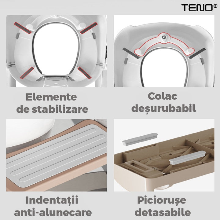 Reductor WC cu Scara Teno®, antiderapant, pentru copii cu varsta pana la 7 ani, protectie impotriva stropilor, 2 trepte, reglabil pe inaltime, manere de sustinere, alb/rose gold