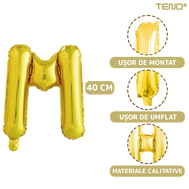 Balon in Forma de Litera M Teno®, metalizat, pentru Petreceri/Aniversari/Evenimente, rezistent, folie, gold, 40 cm