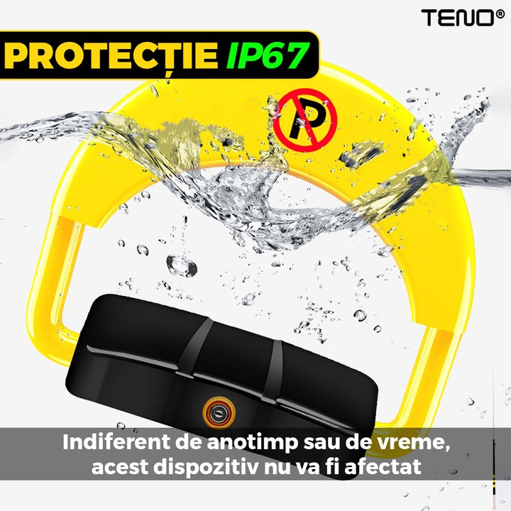 Blocator Parcare Automat Teno®, patrat, pentru loc parcare si alee, cu telecomanda si alarma, greutate suportata 5 tone, material rezistent, anti-rugina, alimentare cu acumulator, negru/galben