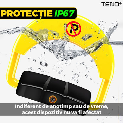 Blocator Parcare Automat Teno®, patrat, pentru loc parcare si alee, cu telecomanda si alarma, greutate suportata 5 tone, material rezistent, anti-rugina, alimentare cu acumulator, negru/galben