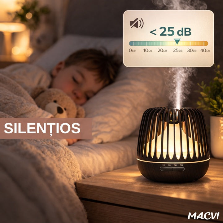 Difuzor Aromaterapie/Umidificator Macvi® cu Lampa 7 Culori, 500 ml, Culoare Negru