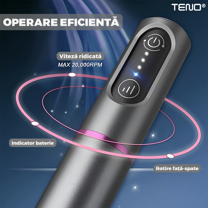 Pila Electrica Profesionala pentru Unghii Teno®, freza wireless, 20000 RPM, indicator LED, manichiura-pedichiura, 6 capete pentru pila, 60 benzi de slefurie, portabila, gri