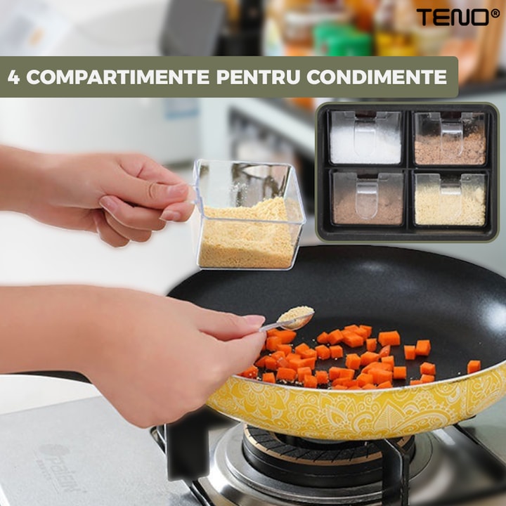 Organizator Multifunctional pentru Bucatarie Teno®, 4 Compartimente, raft condimente, suport detasabil telefon, tavita de scurgere, suport tacamuri/ustensile, verde deschis