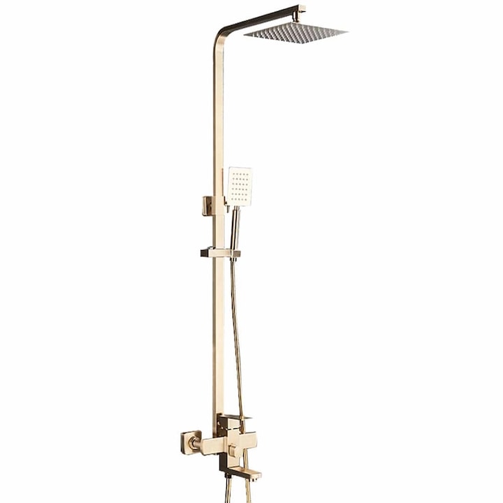 Coloana de Dus Macvi® cu Baterie pentru Cada sau Dus, 4 Functii, Alama si Inox, Palarie 20x20 cm, Auriu Nichelat, Inaltime Reglabila