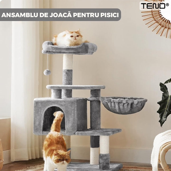 Ansamblu de Joaca pentru Pisici Teno®, cu 3 platforme de observatie, 3 niveluri, 1 casuta, franghie si minge de joaca, stalpi pentru zgariat, captuseala extra moale, structura stabila, 110 cm, gri