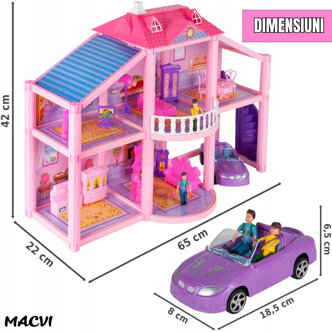 Casuta pentru papusi Macvi® Lovely House, 2 etaje, 5 camere, garaj cu masina, 2 figurine incluse, set 112 piese