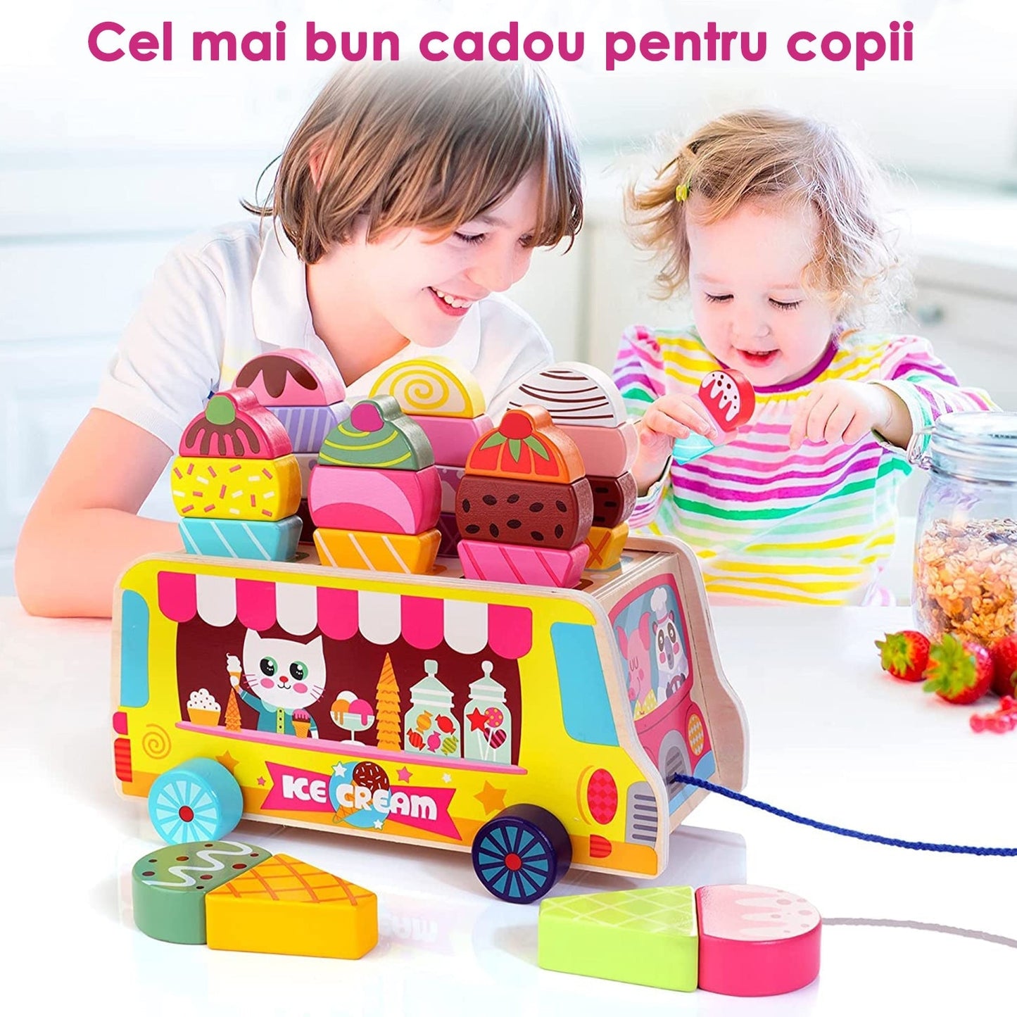 Jucarie Montessori Macvi® din Lemn Tabla Magnetica Inghetata Sortare Forme Copii 3 Ani+