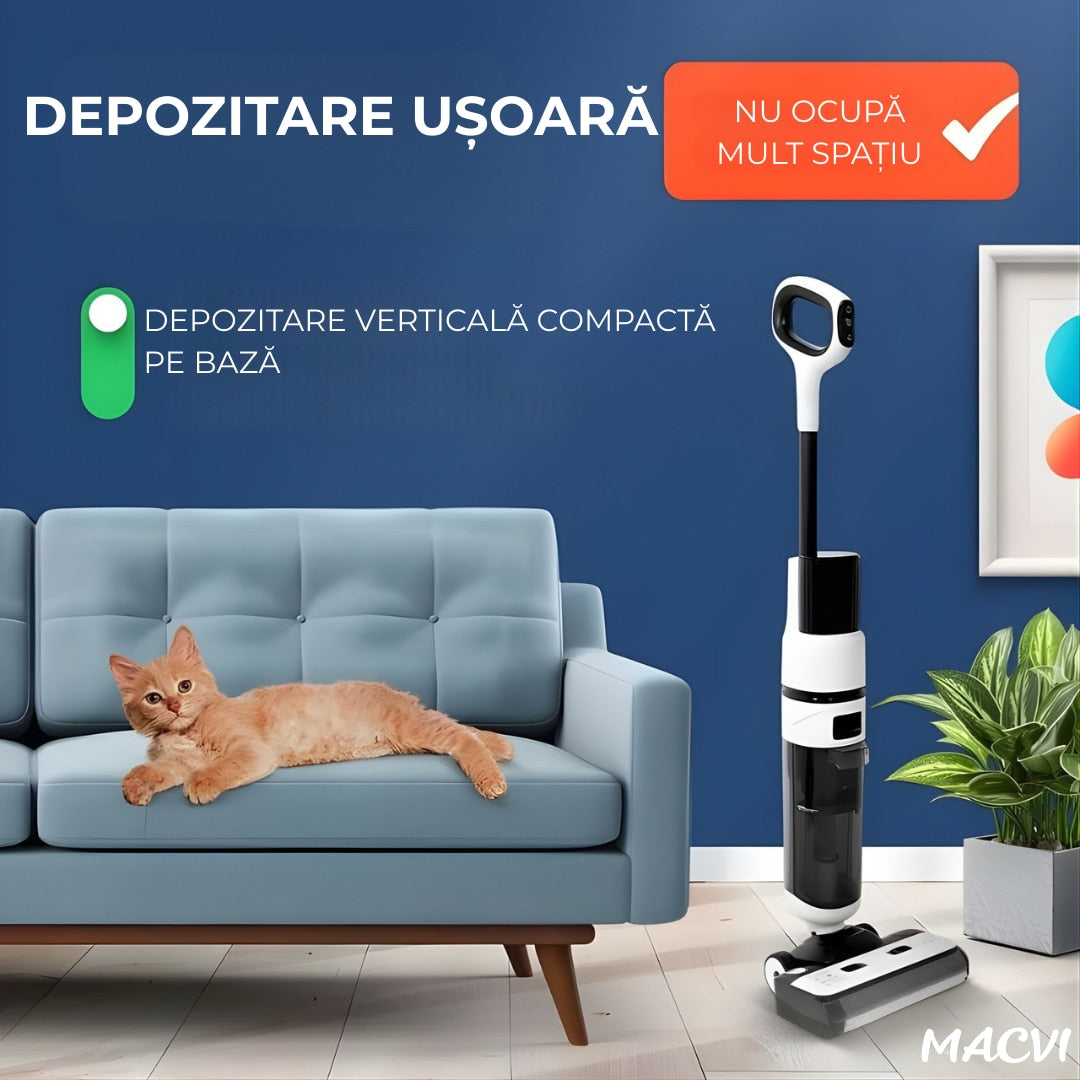 Aspirator Vertical cu Spalare Macvi® OZ01 Pro Fara Fir Autocuratare, Dezinfectare Apa, Putere 12000Pa, Autonomie 60 Min Ecran LED 2 Rezervoare