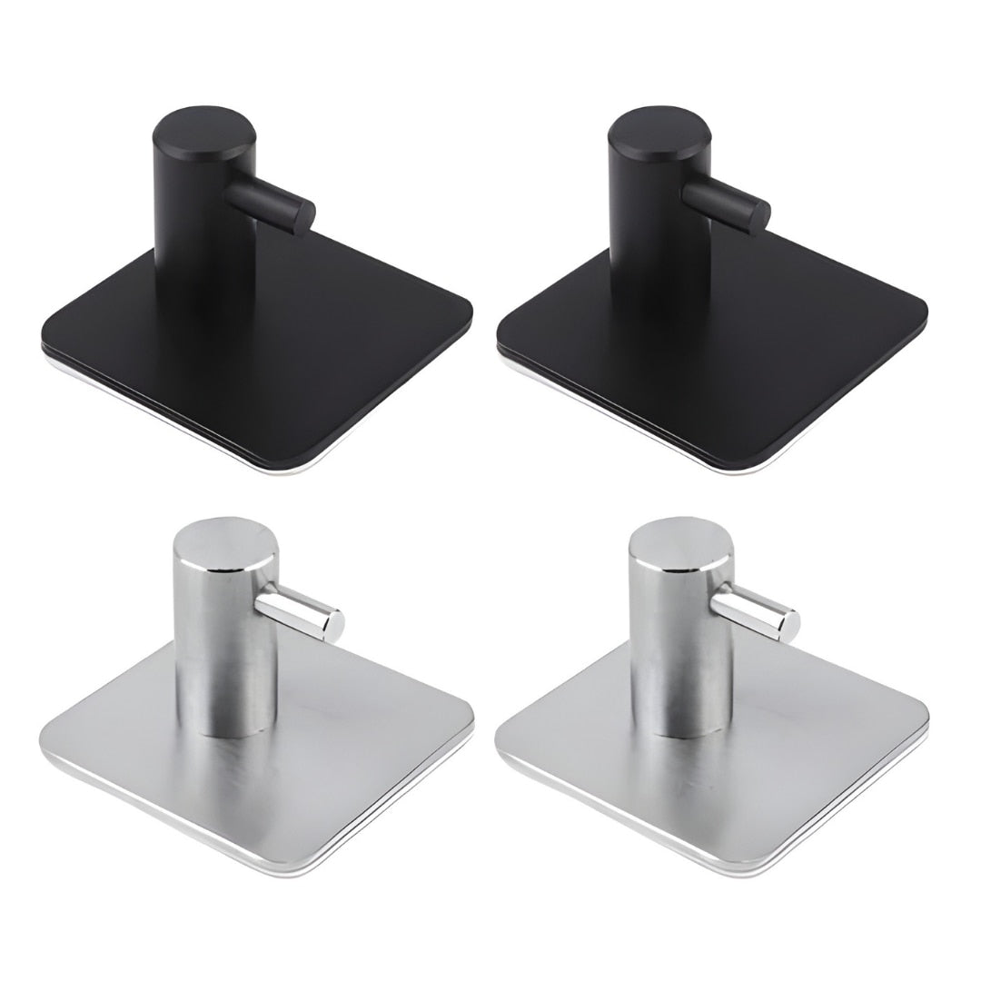 Set 4 cuiere de perete Macvi® din otel inoxidabil, montaj fara gaurire, 2 negre + 2 argintii, rezistente la umiditate, pentru baie si hol