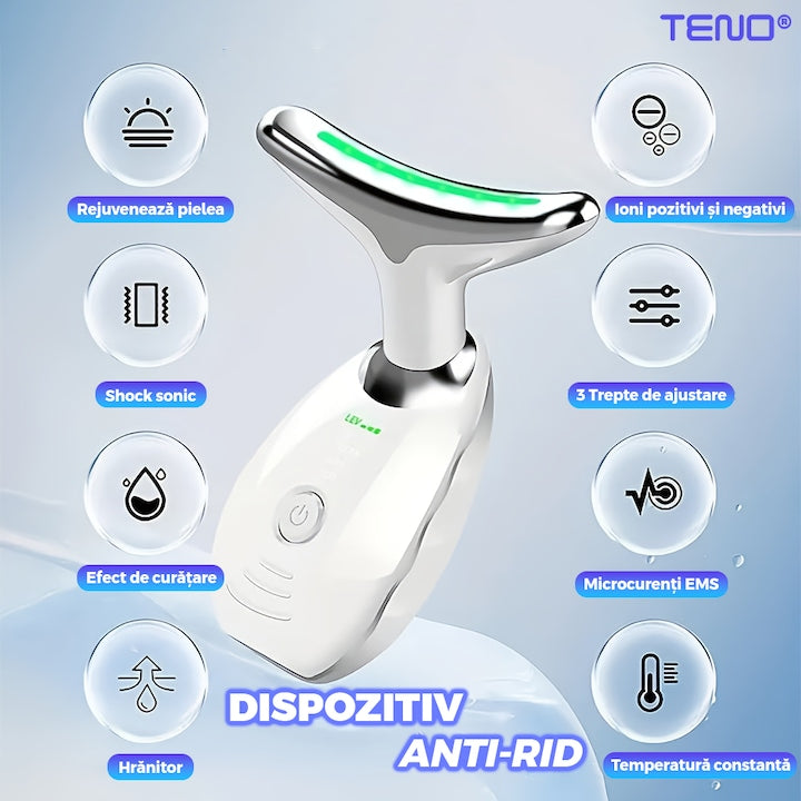 Dispozitiv Facial pentru Elinimarea Ridurilor Teno®, ingrijirea gatului, lifting, stimulare EMS, antirid, tratament LED,3 moduri de culoare, functie de incalzire, masaj, alb