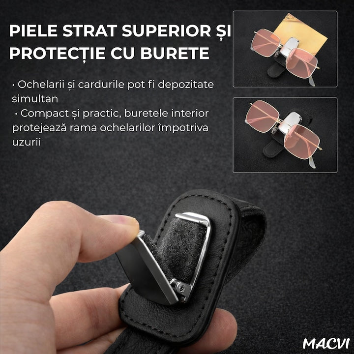 Suport ochelari auto Macvi®, prindere la parasolar, piele si aluminiu, 5x10 cm, negru