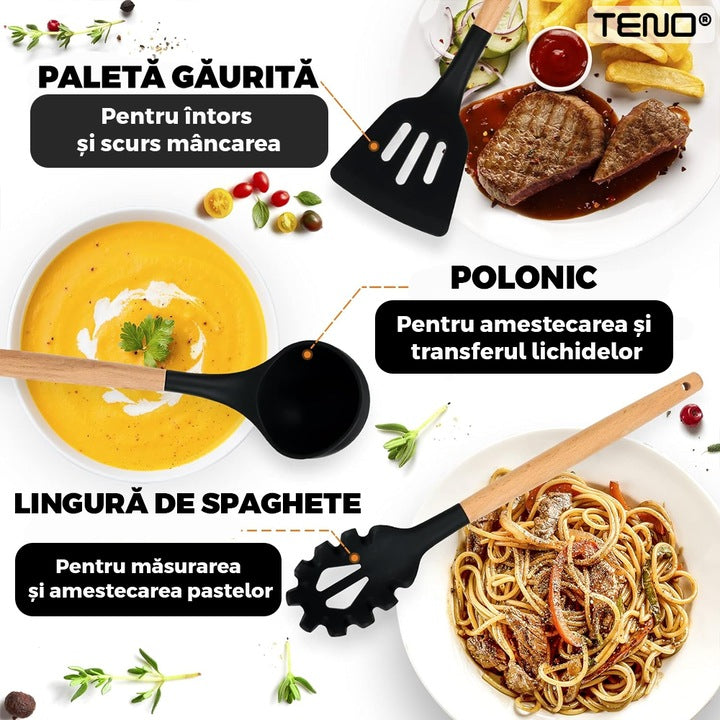 Set Ustensile Bucatarie 12 Piese Silicon Alimentar Teno®, termorezistente, antiaderente, sigure, suport inclus, negru
