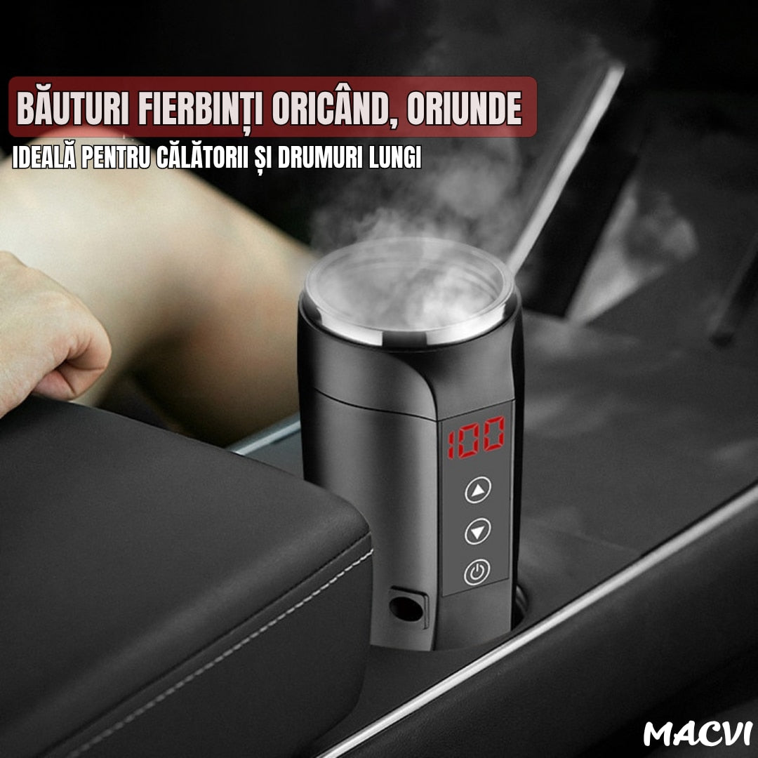 Cana inteligenta tip termos Macvi®, afisaj temperatura, inox premium, etansa, incarcare auto 12V/24V, 0.45L, negru