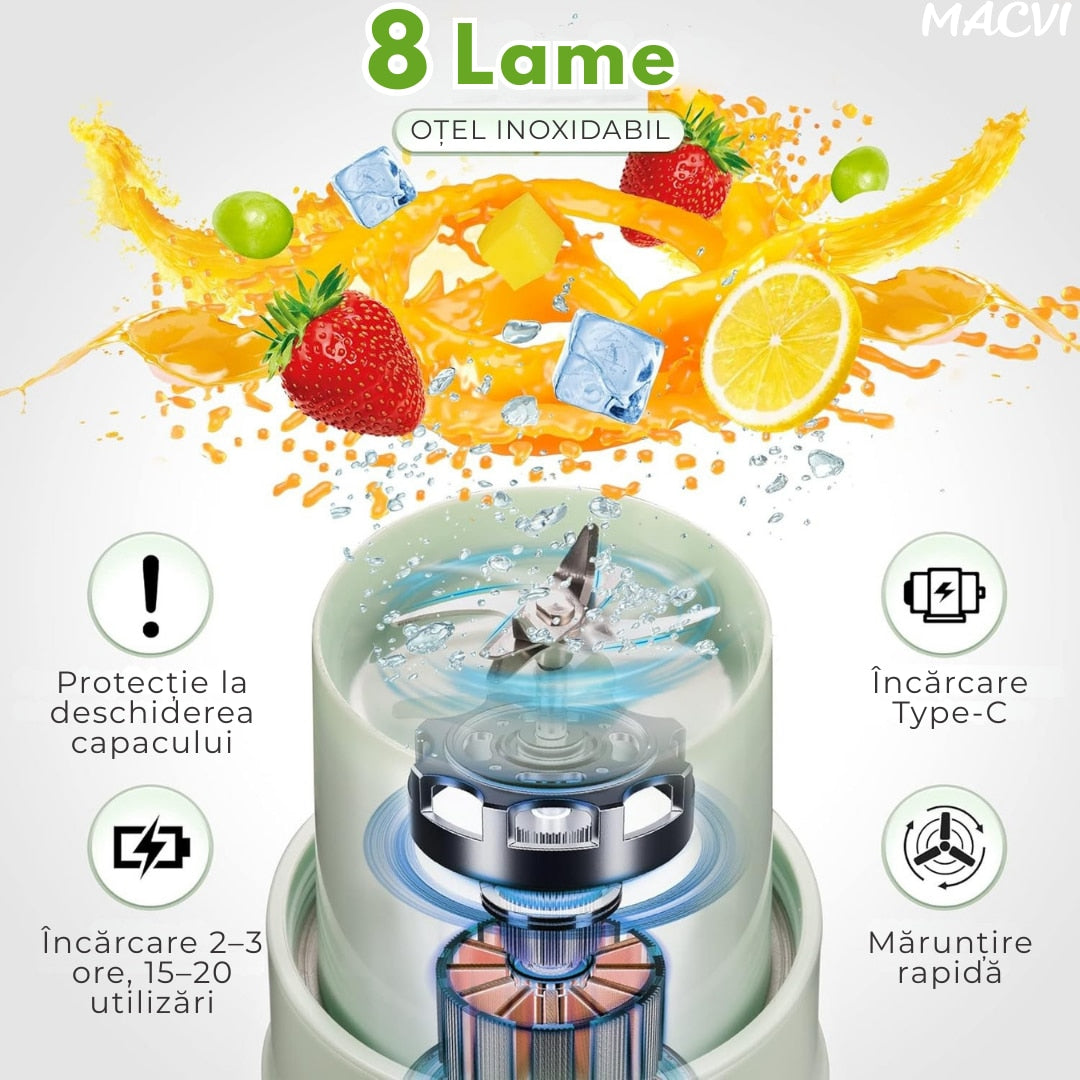 Storcator De Citrice Macvi® Portabil din Plastic cu Acumulator, Blender Reincarcabil USB, 6 Lame din Otel Inoxidabil, BPA Free, Anti-scurgere, Capac cu Pai, Capacitate 420 ml, Smoothie-uri si Sucuri