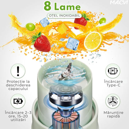 Storcator De Citrice Macvi® Portabil din Plastic cu Acumulator, Blender Reincarcabil USB, 6 Lame din Otel Inoxidabil, BPA Free, Anti-scurgere, Capac cu Pai, Capacitate 420 ml, Smoothie-uri si Sucuri