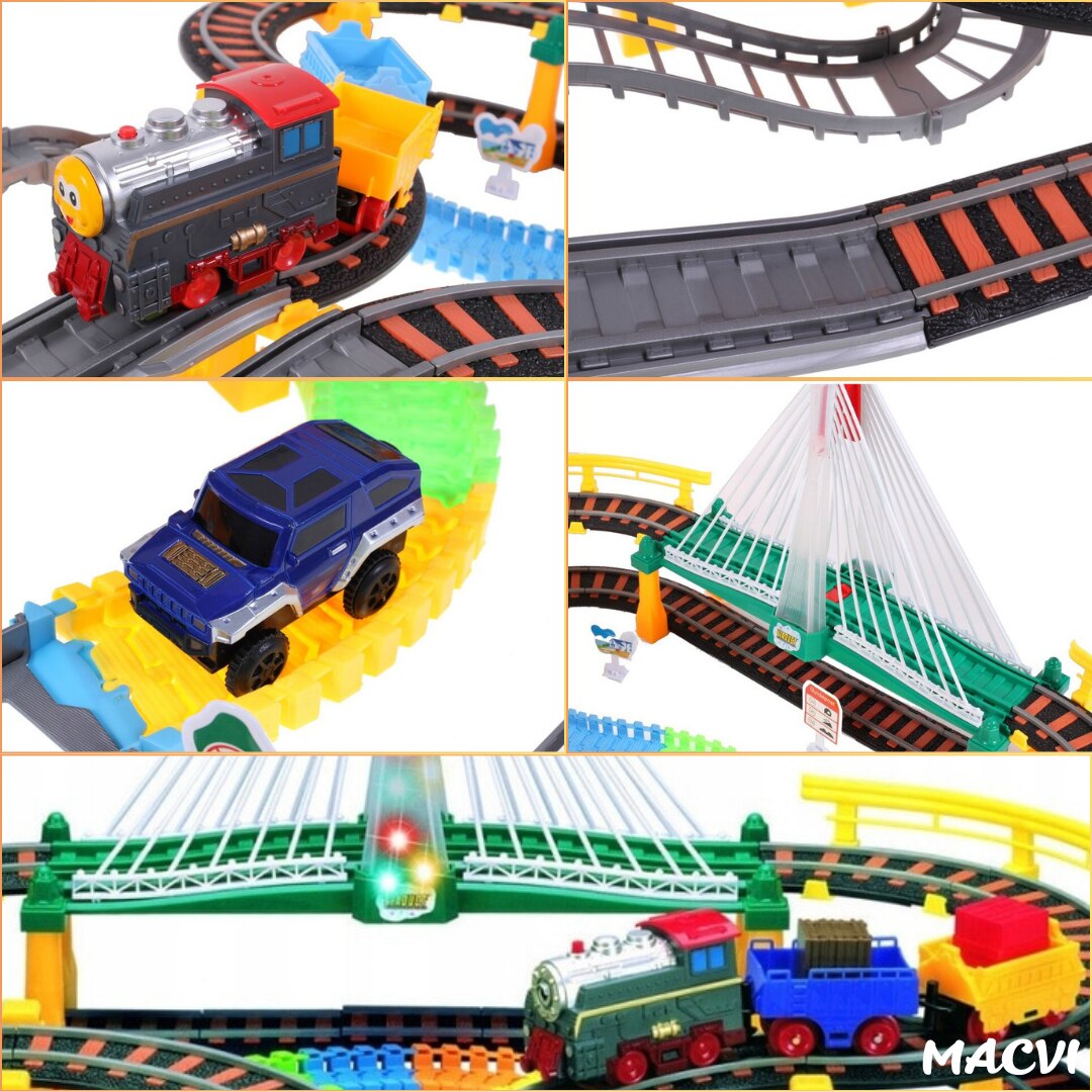 Circuit 2 in 1 XXL Macvi® 140 Piese, 86x74 cm, cu Trenulet Electric si Masinuta, Pod cu Lumini, Pista Rapid Transit de Mare Viteza, Multicolor
