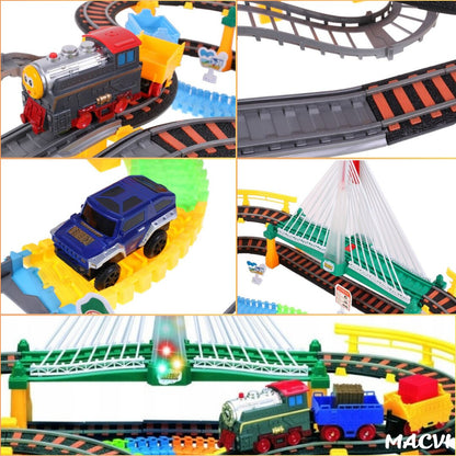 Circuit 2 in 1 XXL Macvi® 140 Piese, 86x74 cm, cu Trenulet Electric si Masinuta, Pod cu Lumini, Pista Rapid Transit de Mare Viteza, Multicolor