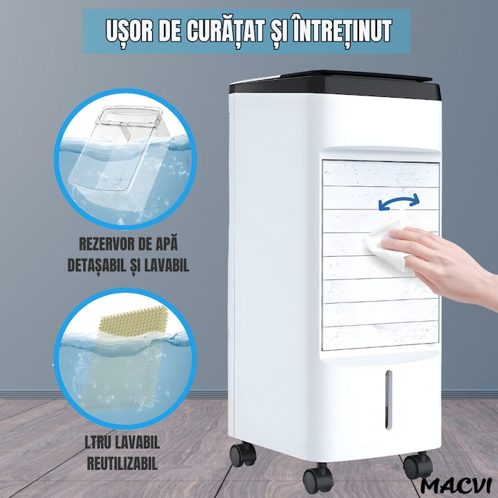 Racitor Macvi®, control digital, telecomanda, 65W, rezervor 3.5L, 3 viteze, 2 moduri de suflare, portabil, alb