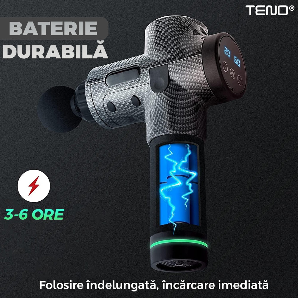 Aparat Profesional pentru Masaj tip Pistol Teno®, 30 viteze, motor silentios fara perii, 3200 percutii, sistem racire, 2500mAh, 6 capete, incarcare rapida, geanta pentru depozitare, negru