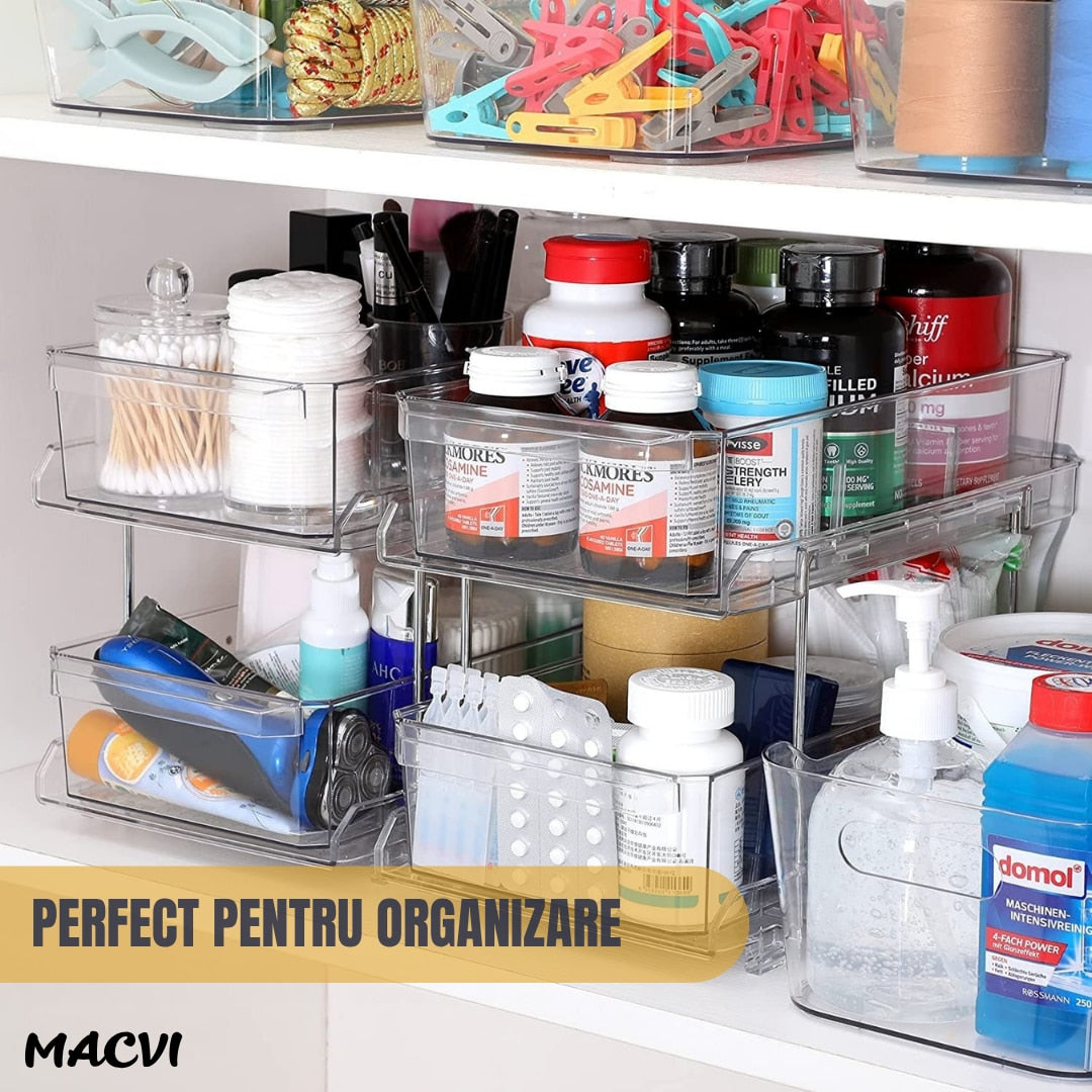 Organizator frigider Macvi® slide-out 2 nivele, transparent, sertare glisante, separatoare detasabile, 33x23x19 cm
