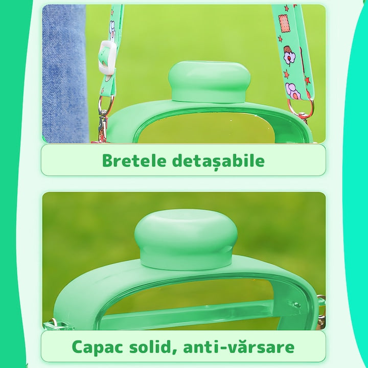 Sticla de Apa pentru Copii Teno®, forma de toast, fara BPA, anti-scurgere, usor de curatat, curea reglabila inclusa, pentru copii, 380 ml, verde