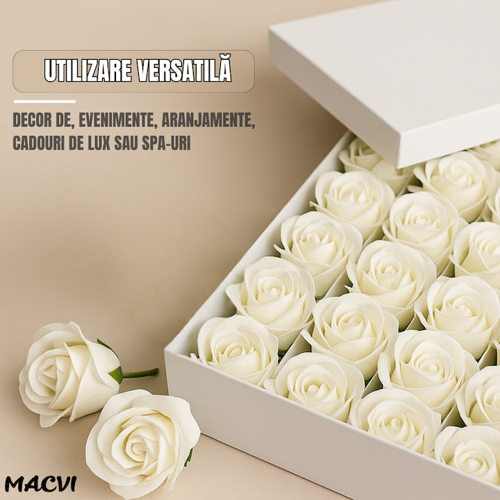 Set 50 trandafiri din sapun, 5x5 cm, calitate premium, decor si cadou elegant, Alb