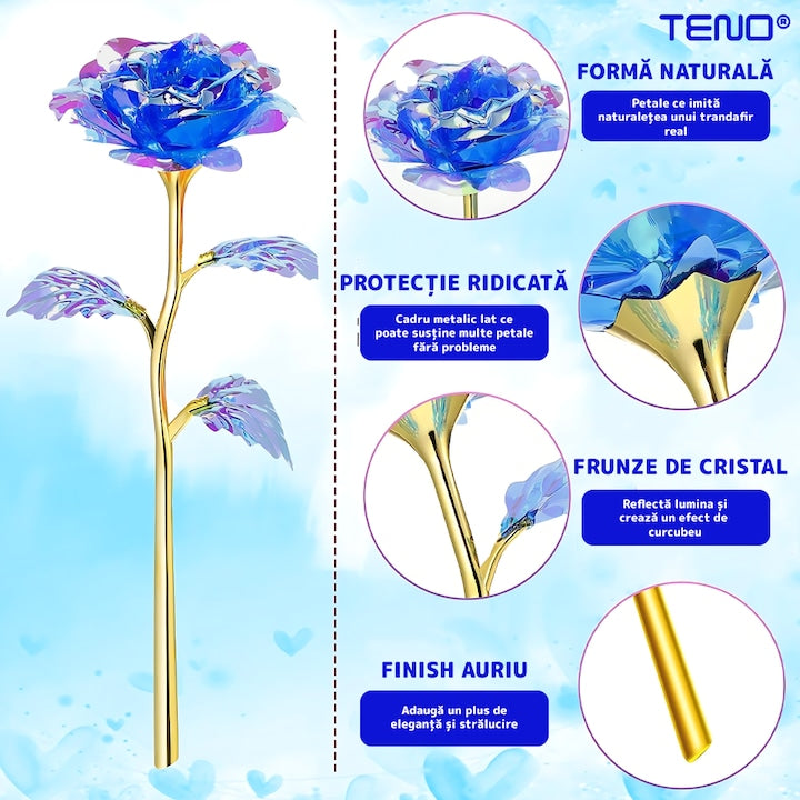 Trandafir Artizanal Teno®, efect de cristal, aspect auriu, luminite LED cu baterii, rezistent, nemuritor, design realist, 22 x 13 cm, albastru