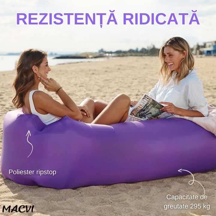 Saltea gonflabila tip sezlong Lazybag Macvi®, material rezistent, umflare fara pompa, pentru plaja/picnic/camping, rucsac de depozitare, 190 x 70 cm,,Mov