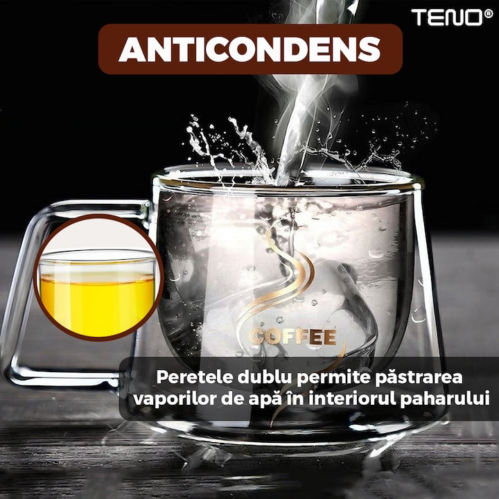 Set 2 Cani de Sticla cu Perete Dublu Teno®, model COFFEE, design modern, termorezistente, capacitate 200 ml, 12 x 8 cm