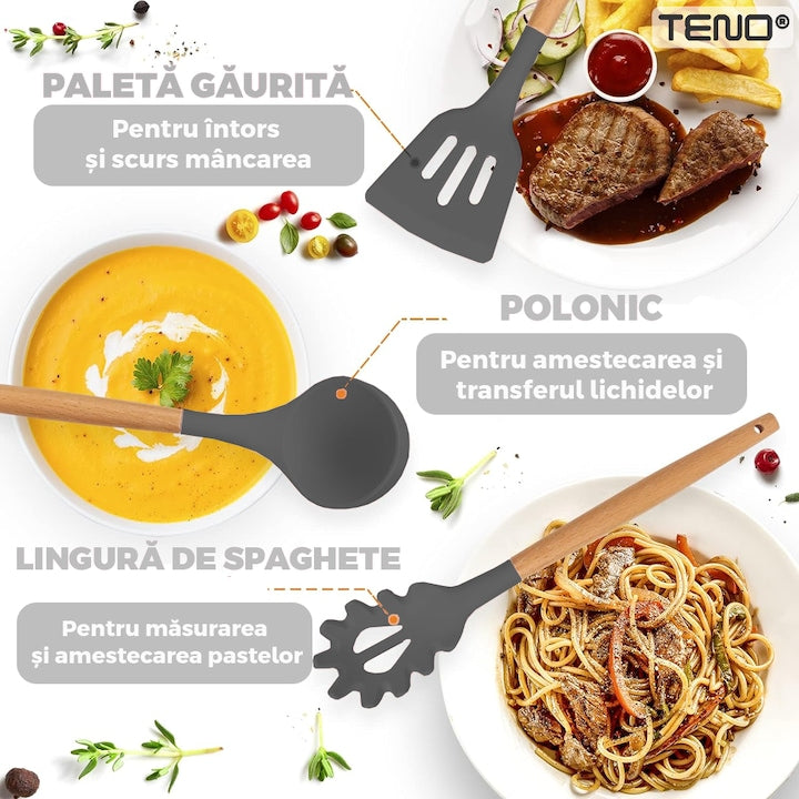 Set Ustensile Bucatarie 12 Piese Silicon Alimentar Teno®, termorezistente, antiaderente, sigure, suport inclus, gri