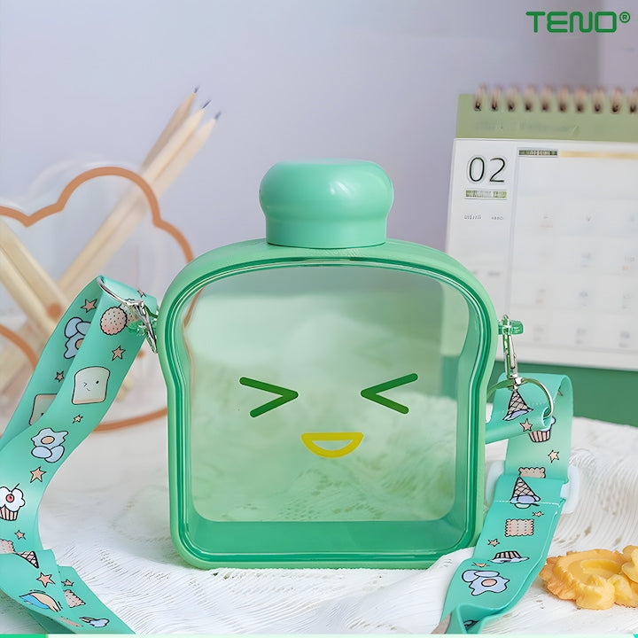Sticla de Apa pentru Copii Teno®, forma de toast, fara BPA, anti-scurgere, usor de curatat, curea reglabila inclusa, pentru copii, 380 ml, verde