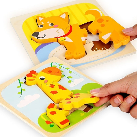 Puzzle Montessori Macvi® din Lemn 3D pentru Copii 0-3 Ani Model Catel Educativ Creativ 3 Piese Multicolor 15x15 cm
