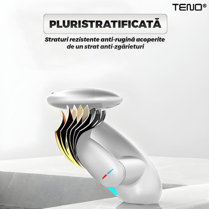 Baterie Chiuveta Baie Premium Teno®, 4 tipuri de jet, iluminare LED, cartus ceramic, cap retractabil, rezistenta la rugina si coroziune, accesorii incluse, alb
