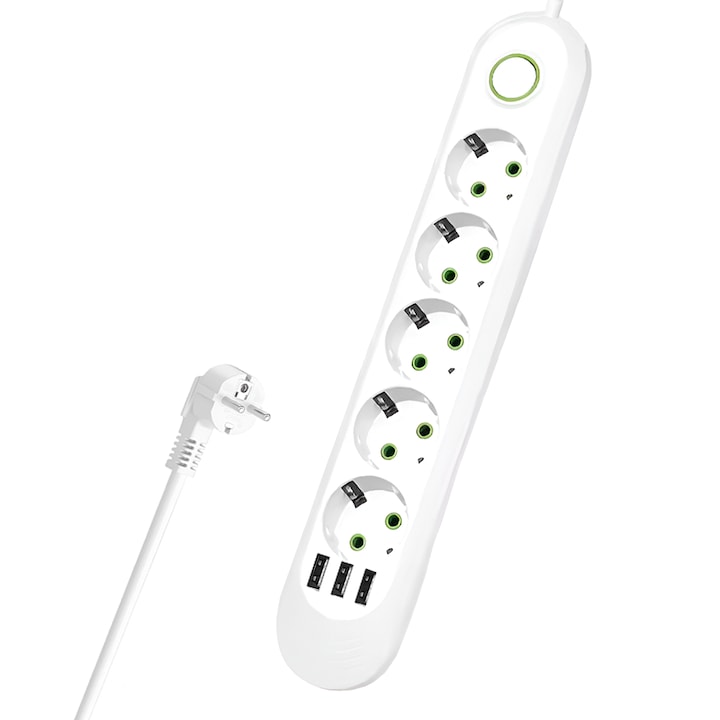 Prelungitor Teno®, 5 prize, 3 porturi USB, intrerupator, suport de agatare incorporat, rezistent la temperaturi inalte, universal, lungime 3 metri, alb
