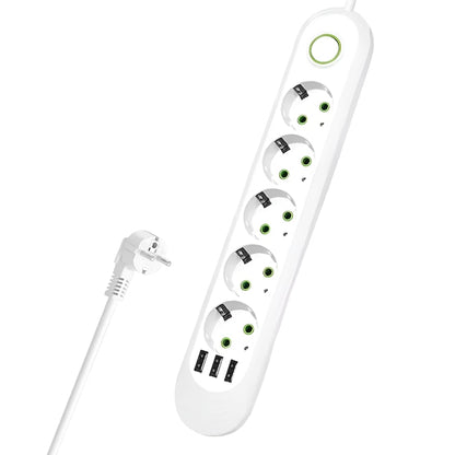 Prelungitor Teno®, 5 prize, 3 porturi USB, intrerupator, suport de agatare incorporat, rezistent la temperaturi inalte, universal, lungime 3 metri, alb