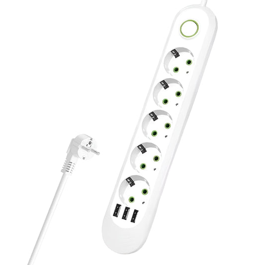Prelungitor Teno®, 5 prize, 3 porturi USB, intrerupator, suport de agatare incorporat, rezistent la temperaturi inalte, universal, lungime 3 metri, alb