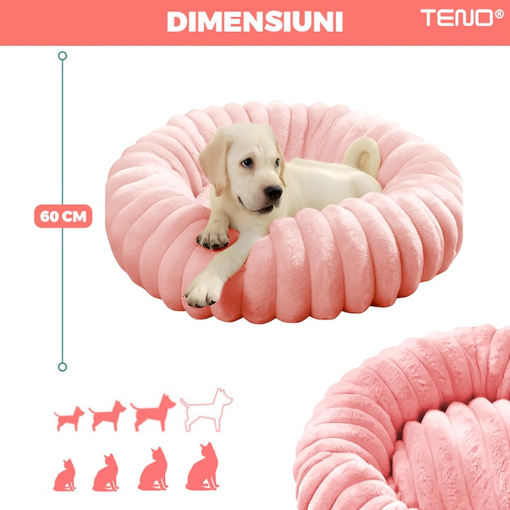 Pat Animale Teno®, captusit, moale, pufos si calduros, pentru caini si pisici, diametru 60 cm, baza anti-alunecare, design dungat, roz