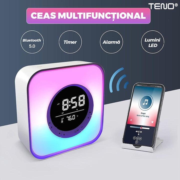 Ceas Desteptator Multifunctional Teno®, Bluetooth, functie de alarma, functie de radio, afisaj temperatura, lumini RGB, autonomie ridicata, patrat