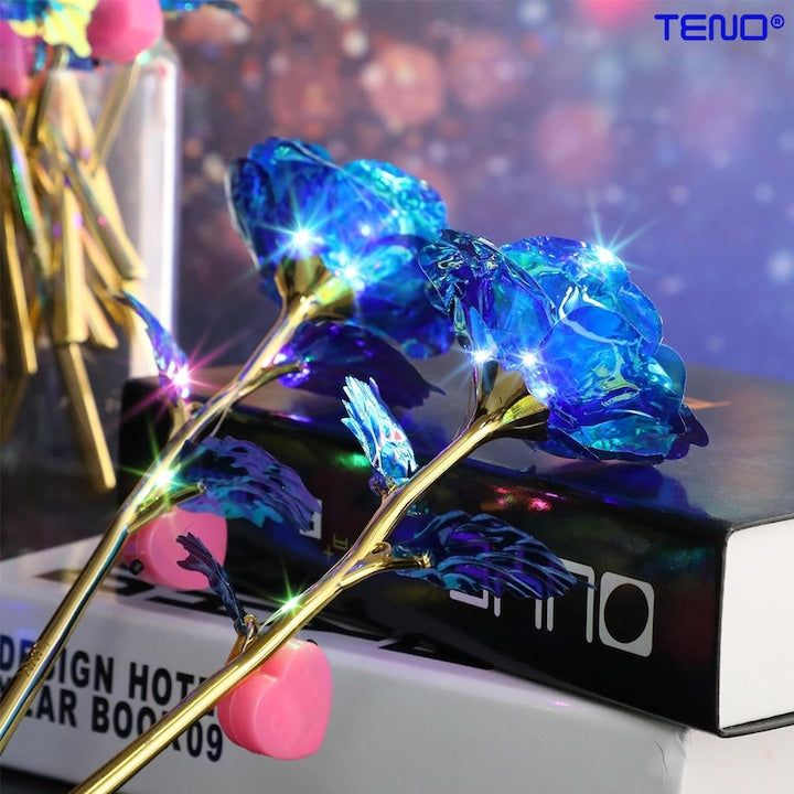Trandafir Artizanal Teno®, efect de cristal, aspect auriu, luminite LED cu baterii, rezistent, nemuritor, design realist, 22 x 13 cm, albastru