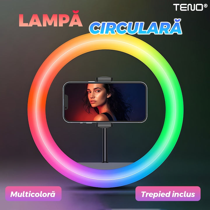 Lampa Circulara Ring Light Teno®, Diametru 35.6cm/14 Inch, moduri RGB, 10 trepte reglaj, trepied 210 cm, suport triplu telefon, compatibilitate universala, multicolor
