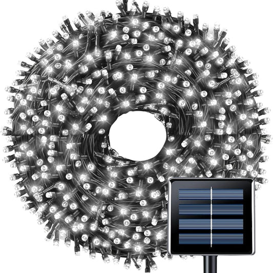 Instalatie de Craciun Liniara cu Panou Solar Teno®, 10 m, 8 jocuri de lumini, alimentare la priza, fir verde, interior/exterior, rezistenta la apa, 100 LED-uri, alb rece