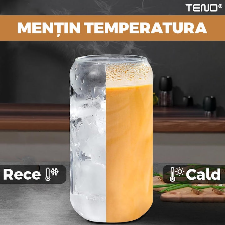 Set 4 Pahare de Sticla cu Capac si Pai Teno®, sticla borosilicata, capac din bambus, design modern, termorezistente, capacitate 500 ml, 15 cm