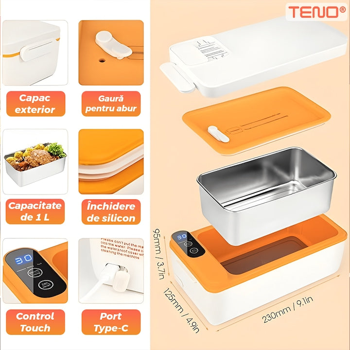 Cutie de Pranz Electrica Teno®, cu incalzitor portabil, otel inoxidabil, pentru adulti, birou, rezistenta, termoizolanta, afisaj digital, alb