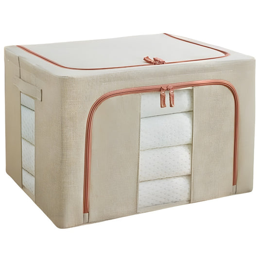 Organizator depozitare Macvi® 100 litri, cutie textila pliabila cu capac si fermoar, panou transparent pentru vizualizare si cadru metalic robust, ideala pentru haine voluminoase si depozitare