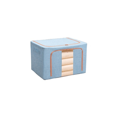 Cutie depozitare Macvi® 66L pliabila din material textil cu fermoar, fereastra transparenta si cadru metalic, organizator incapator pentru haine si articole casnice
