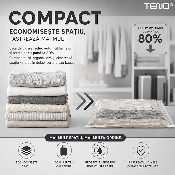 Sac de Vidat Teno®, pentru imbracaminte, pilote, perne, rezistent, valva tripla, materiale calitative, protectie waterproof, reutilizabil, vidare prin vacuum, 60 x 98 cm, alb